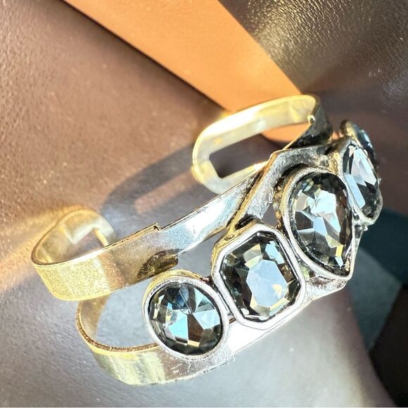 STATEMENT SILVER CUFF BRACELET LARGE FACETED SMOKY CRYSTALS –WOMEN’S BOLD DESIGN - Picture 3 of 17